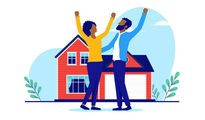Happy black couple buying house - Two people cheering with hands in air after becoming home owners. Flat design vector illustration with white background