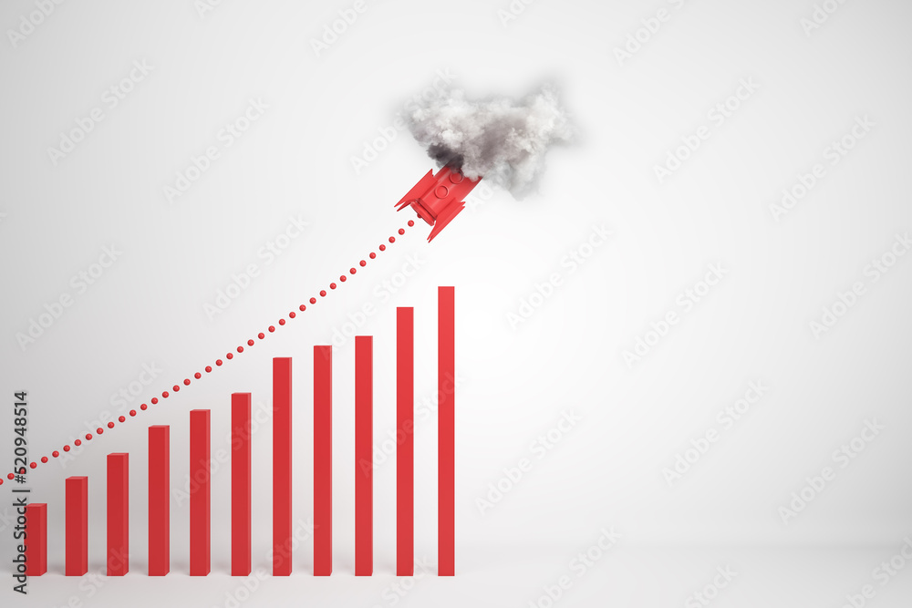 Poster Abstract growing upward chart with rocket in cloud on white background with mock up place for your advertisement. Financial growth and start up concept. 3D Rendering.