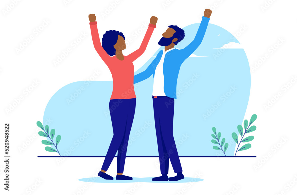 Poster happy black couple cheering and being happy with hands in air. flat design vector illustration with 
