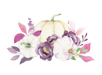 Watercolor fall composition, golden pumpkins, autumn leaves and flowers. Hand-painted illustration isolated on white background. Decorative floral design for postcards, greeting cards, invitations