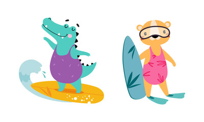 Cute African Crocodile on Surfboard Riding Wave and Lion in Flippers and Goggles Enjoying Hot Summer Vector Set