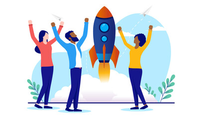 Diverse team with startup success launching rocket and cheering. Flat design vector illustration with white background