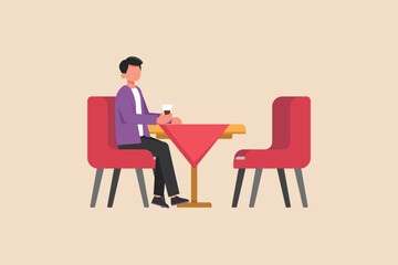 Fototapeta premium Young boy drinking soft drink in Hotel or cafe. Hotel activity concept. Colored flat graphic vector illustration isolated.