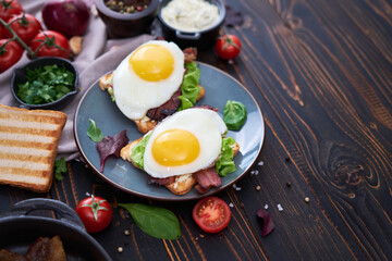 Fried eggs, bacon and cream cheese sandwiches on a plate on wooden table at domestic kitchen