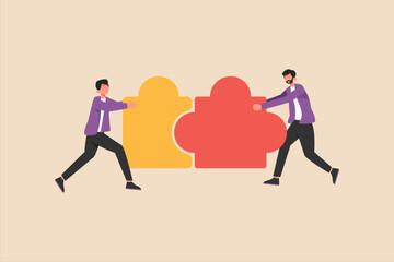 Business men team succeed solve jigsaw puzzle. Collaboration work together to solve problem. Training and workshop business concept. Vector Illustration.