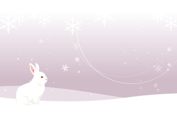 白ウサギと雪景色（横レイアウト）のイラスト