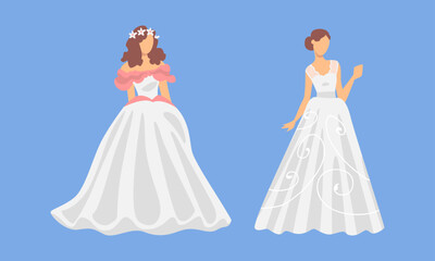 Bride in White Wedding Dress Standing as Newlywed or Just Married Female on Blue Background Vector Set