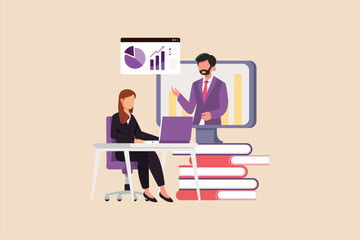 Young boy presenting graph and chart on screen in training class online.. Training and workshop business concept. Vector Illustration.