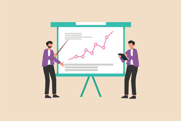 Businessmen team presenting graph on board in training class. Training and workshop business concept. Vector Illustration.