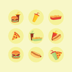Fast food icon with burger, hot dog, pizza, sofa and french fries. Fast food vector Illustration.