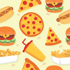 Seamless vector pattern with burger, hot dog, pizza, sofa and french fries. Fast food Illustration.	
