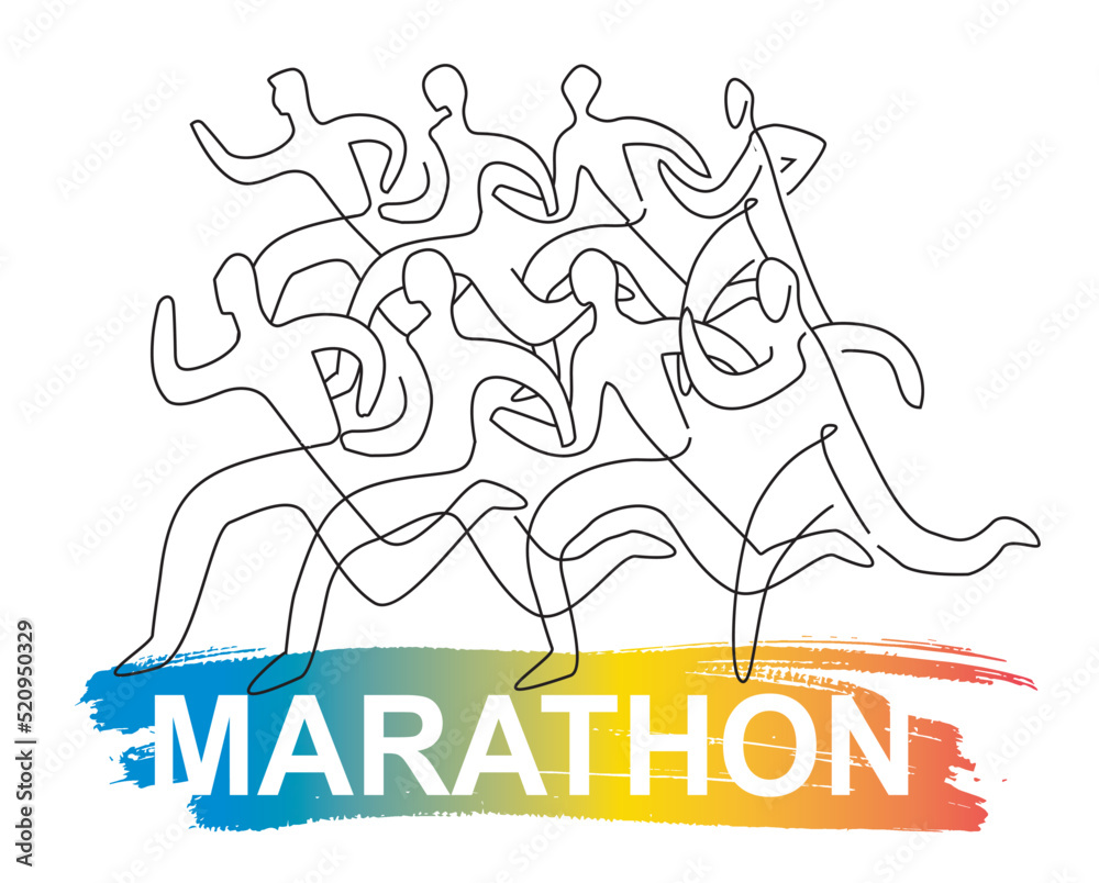 Sticker running race, marathon,line art stylized. stylized illustration of running racers and marathon inscr