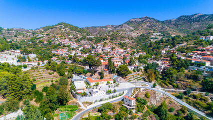 Aerial view of Agros village settlement on mountain Troodos, Limassol district, Cyprus. Bird's eye...