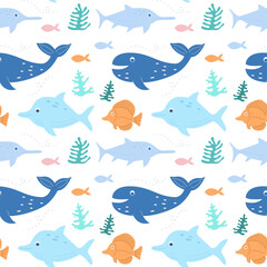 Naklejka na ściany i meble Cute fishes, corals and marine life. Underwater world pattern. Seamless pattern. Baby print for clothes, textiles