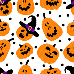 Halloween seamless pattern with scary cute pumpkins in witch hats on white background. Flat style horror vector illustration.