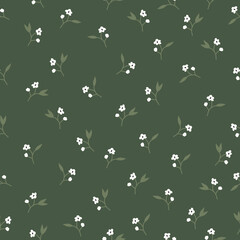 Simple vintage pattern. Small white flowers, green leaves. Dark green background. Fashionable print for textiles and wallpaper.