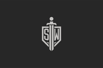 Letter SW logo with shield and sword icon design in geometric style