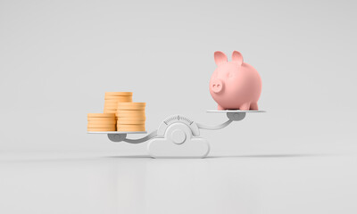 Pig piggy bank with stack of coins on scales against white background. 3d render illustration.