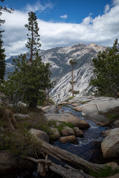 Beautiful scene of mountain stream and forest in Sequoia National Park, California