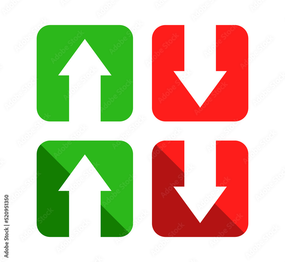 Aufkleber red down green up arrow icon sign vector isolated on rectangle shape. cryptocurrency, stock and fore