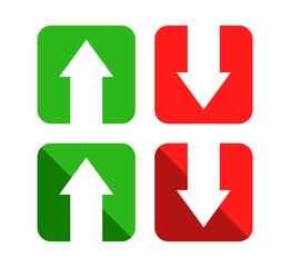 Red down green up arrow icon sign vector isolated on rectangle shape. Cryptocurrency, stock and forex investment trading analysis.	