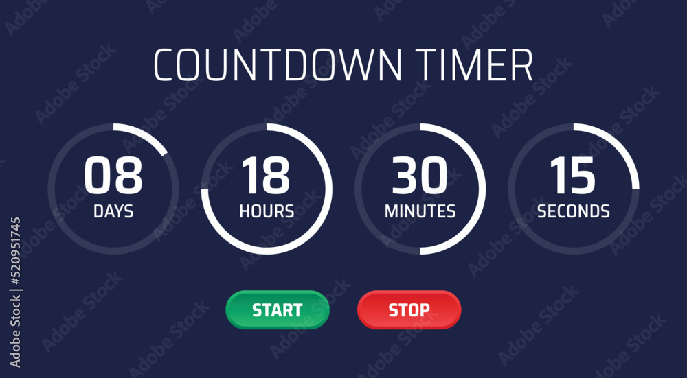 Poster Digital countdown timer vector template with days, hours, minutes, seconds and start stop button symbol illustration