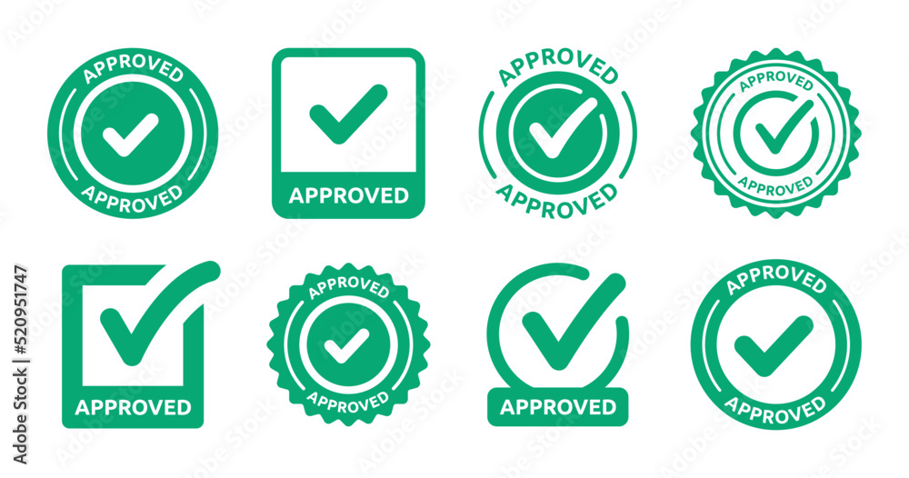 Poster Approved label icon sign vector set. Collection of approval badge with check mark symbol illustration.