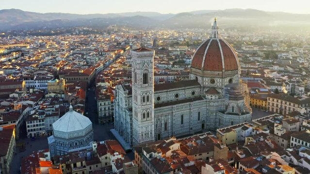 Aerial orbit of the cathedral and bell tower, Florence, Italy