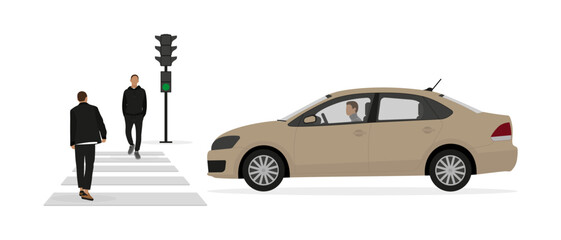 Naklejka premium Two male characters are walking along a pedestrian crossing on a green traffic light signal in front of a car with a driver on a white background