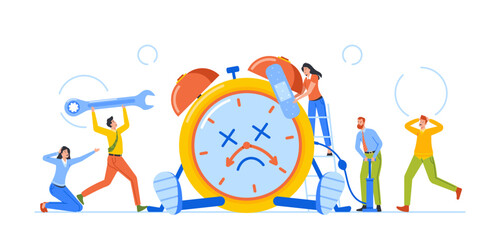 Time is Over Concept. Tiny Male and Female Characters Trying to Fix Broken Alarm Clock. Office Men and Women with Wrench