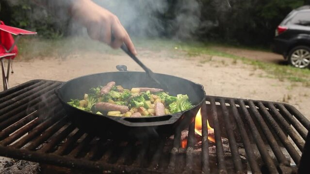Having a little barbecue fest at Chain o Lakes Camping site with sausages and veggies.