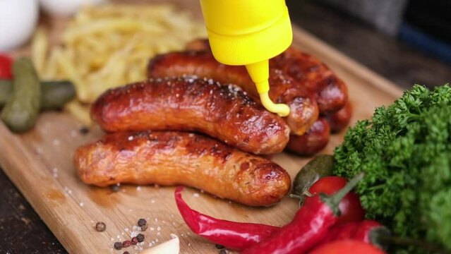 pouring mustard sauce on tasty grilled sausages on wooden serving board with french fries and sauces