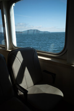 view from empty seat on WSDOT Seattle ferry to San Juan Islands in Puget Sound