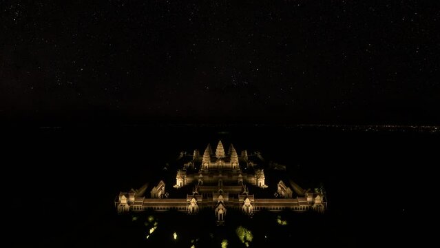 Front aerial view at night of the Angkor Wat Temple in Cambodia. Asia
