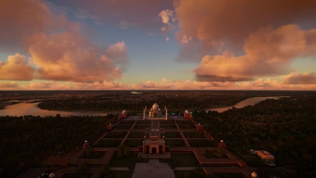Aerial view of the Taj Mahal at sunset in Agra. India
