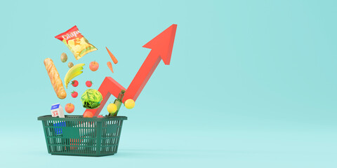 上昇する矢印と買い物かごから飛び出す食品 / 食品値上げ・物価高騰・インフレーションのコンセプトイメージ / 3Dレンダリング
