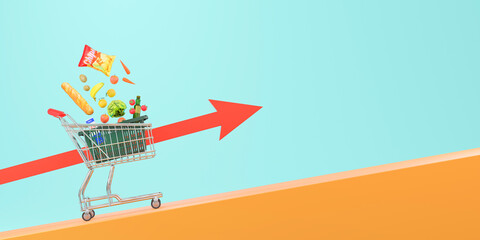 坂を登るショッピングカートと買い物かごから飛び出す食品 / 食品値上げ・物価高騰・インフレーションのコンセプトイメージ / 3Dレンダリング © picture cells
