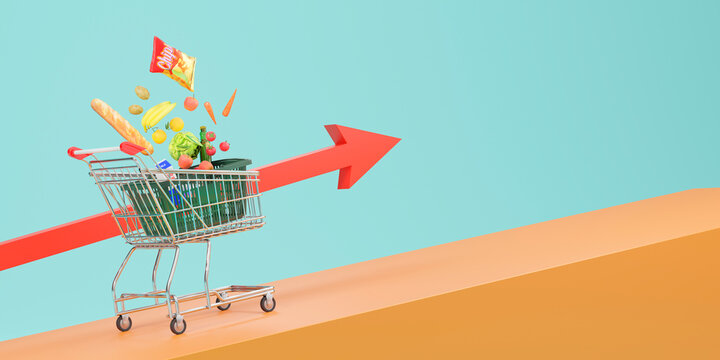 坂を登るショッピングカートと買い物かごから飛び出す食品 / 食品値上げ・物価高騰・インフレーションのコンセプトイメージ / 3Dレンダリング