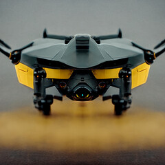 Frontal portrait of a 3d model drone uav flying object weapon in wasp form black yellow colors