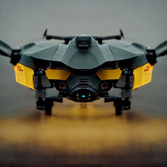 Frontal portrait of a 3d model drone uav flying object weapon in wasp form black yellow colors