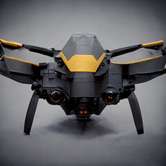 Frontal portrait of a 3d model drone uav flying object weapon in wasp form black yellow colors