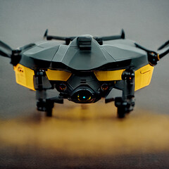 Frontal portrait of a 3d model drone uav flying object weapon in wasp form black yellow colors
