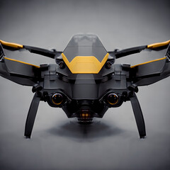 Frontal portrait of a 3d model drone uav flying object weapon in wasp form black yellow colors