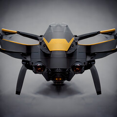 Frontal portrait of a 3d model drone uav flying object weapon in wasp form black yellow colors