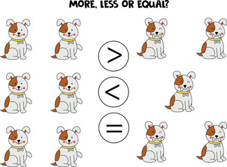 More, less, equal with cute happy dogs.