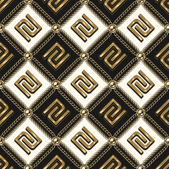 Staggered vintage black and white pattern with shiny gold shekel sign, gold chains, buttons. Classic square grid. Vector seamless background. - obrazy, fototapety, plakaty