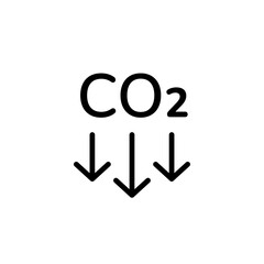 CO2 emission reduction linear black icon isolated on white. CO2 text with looking down arrows symbol sign design element. Zero carbon footprint, CO2 neutral, greenhouse gas emission reduction concept.