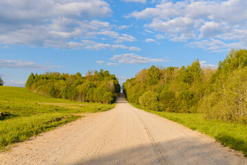 Empty Sandy country road near the forest,fluffy clouds blue sky,summer evening landscape.