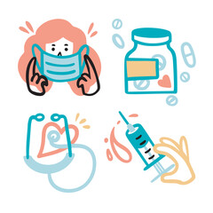 Set of vector images or stickers. Medicine, covid, lockdown, protecting yourself. The girl puts on a mask, pills in a jar, a stethoscope, cardiology, a syringe, an injection.