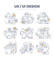 Creating interfaces for better user experience. Website and application development and optimization. Set of doodle vector illustrations with characters to visualize business ideas and concepts - obrazy, fototapety, plakaty